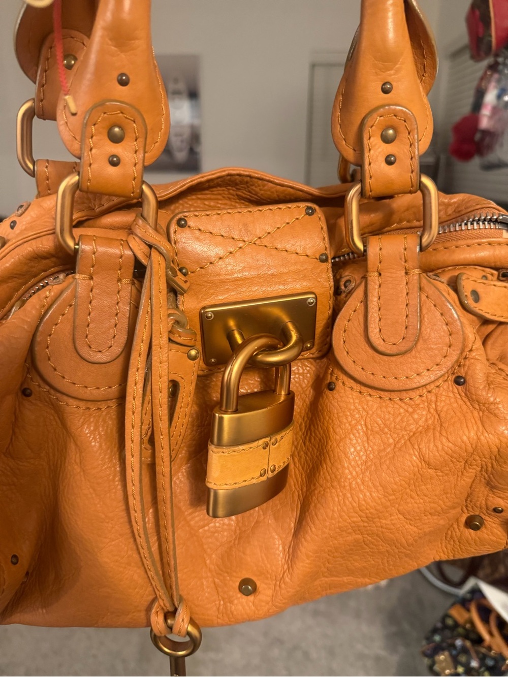 Chloe Orange Leather Padlock Satchel with Gold Hardware